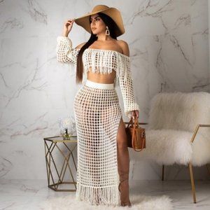 Beach Cover Up Crochet Fringes Maxi Skirt Set